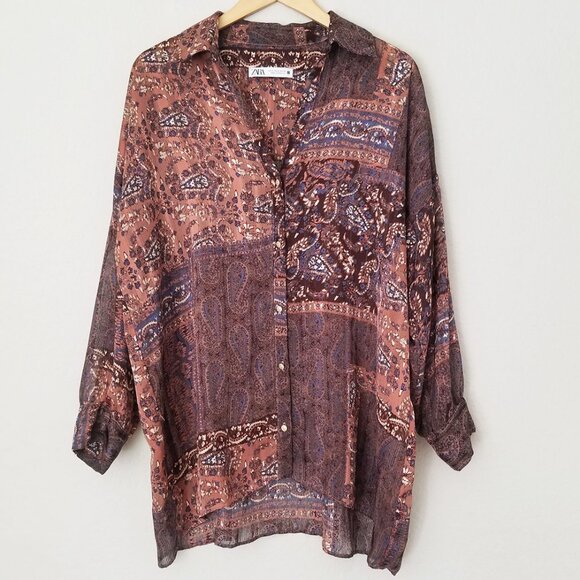 Zara Patchwork Shirt Blouse Top M Oversized Paisley Boho Brown Semi Sheer Collar - Picture 4 of 16
